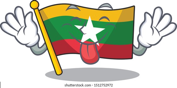 Tongue out waving Myanmar Flag cartoon character