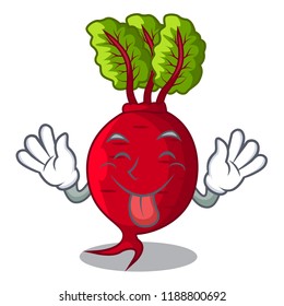 Tongue out whole beetroots with green leaves cartoon