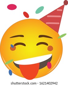 Tongue party emoji celebrating birthday in a red hat and confetti flying around! Partying yellow face emoticon with a tongue out and wearing a red party hat while confetti floats around its head. 