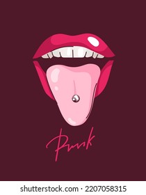 Tongue piercing. Punk lettering. Colorful illustration in flat style