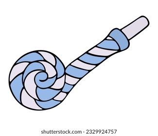 Tongue tongue. Plastic blue pipe with a long paper tongue. Spiral pattern. Color vector illustration. Isolated background. Cartoon style. Carnival tongue for a party. Idea for web design.