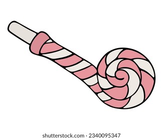 Tongue tongue. Plastic pink pipe with a long paper tongue. Spiral pattern. Color vector illustration. Isolated background. Cartoon style. Carnival tongue for a party. Idea for web design.
