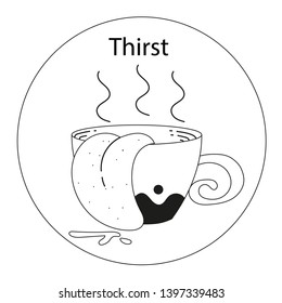 A tongue protrudes from a steaming cup.  Vector illustration.