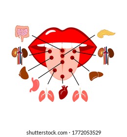 Tongue reflexology chart with images of the corresponding internal organs. Flat simple isolated vector illustration on white background.