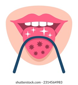 Tongue scraper flat cartoon icon with bacterium removing properties - oral hygiene tool