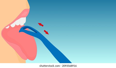 Tongue scraper, personalized oral hygiene instrument. Clean mouth home. Open female mouth with teeth and tongue and a scraper, tongue brush, on a blue gradient background. Copy space. 