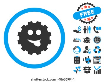 Tongue Smile Gear icon with bonus design elements. Vector illustration style is flat iconic bicolor symbols, blue and gray colors, white background.