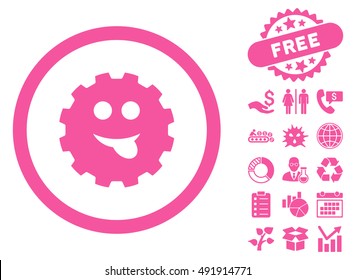 Tongue Smile Gear icon with free bonus images. Vector illustration style is flat iconic symbols, pink color, white background.