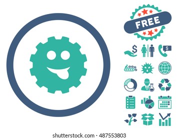 Tongue Smile Gear pictograph with free bonus images. Vector illustration style is flat iconic bicolor symbols, cobalt and cyan colors, white background.