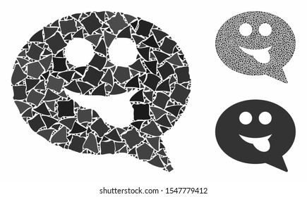 Tongue smiley message composition of humpy pieces in various sizes and color tinges, based on tongue smiley message icon. Vector abrupt pieces are grouped into collage.