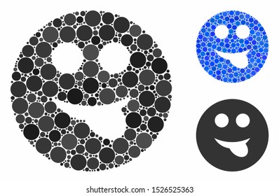 Tongue smiley mosaic for tongue smiley icon of filled circles in variable sizes and color hues. Vector filled circles are organized into blue illustration.