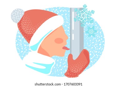 Tongue stick freeze to metal pole vector. Winter frostbite illustration. Funny joke, trick with iron stick. Boy stuck isolated caricature on white background. Snowy blue and red fun card.