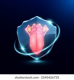 Tongue in translucent glass shield modern. Surrounded by glowing ring safety guardian. Human anatomy organ on blue background. Medical health care immunity and protection concept. Vector EPS10.