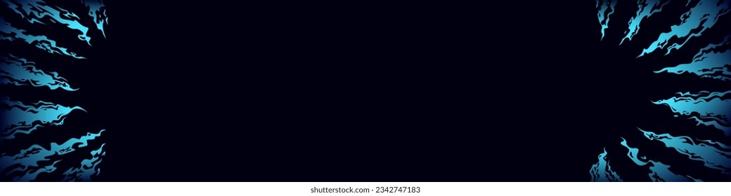 Tongues of blue fire directed to the center on a black background. Comic fantasy blue fire flame backgrounds. Design template page. Hand drawn vector art. Banner