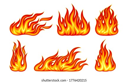 Tongues of Bright Flame Flickering Isolated on White Background Vector Set