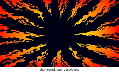 Tongues of fire directed to the center on a black background. Comic fantasy fire flame backgrounds. Design template page. Hand drawn vector art