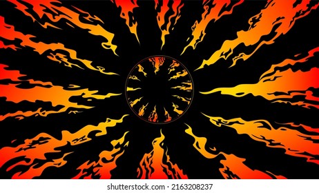 Tongues of fire directed to the center on a black background. Comic fantasy fire flame backgrounds. Design template page. Hand drawn vector art