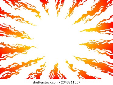 Lenguas de fuego dirigidas al centro sobre un fondo blanco. Fantasía cómica en el fuego de fondo. Página de plantilla de diseño. Arte vector dibujado a mano