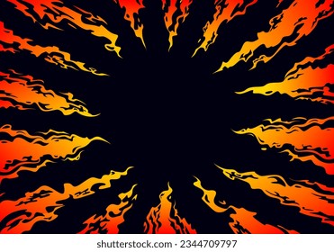 Tongues of fire directed to the center on a black background. Comic fantasy fire flame backgrounds. Design template page. Hand drawn vector art