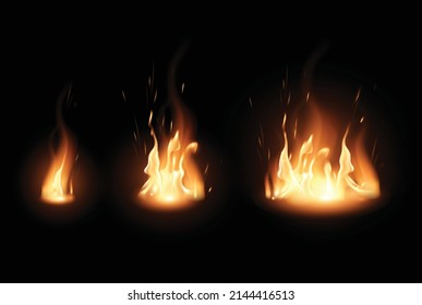 Tongues of flame, sparks, transparent smoke on a black background. Very realistic illustration.