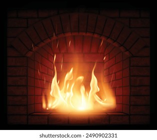 Tongues of flame, sparks, transparent smoke on a bricks background. Very realistic illustration.