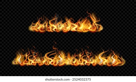 Tongues of flames, isolated burning fire straight horizontal line. Vector realistic wildfire, dangerous energy. Game or environment design, ignition and blazing force. Fiery glowing and heat