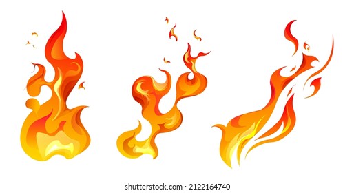 Tongues of flames, isolated fire burning, icons set. Inflammation and ignition effect, combustion or explosion, fireball and wildfire. Powerful natural energy and elements. Vector in flat style