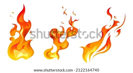 Tongues of flames, isolated fire burning, icons set. Inflammation and ignition effect, combustion or explosion, fireball and wildfire. Powerful natural energy and elements. Vector in flat style