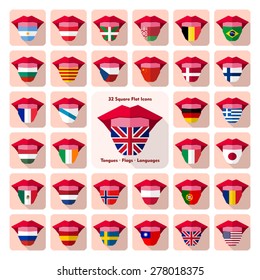 Tongues. Flat language icons with country flags