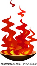 tongues of red flame in a bronze cauldron, symbol of a home hearth or Olympic games or an ancient lamp, color vector illustration isolated on a white background in clip art style