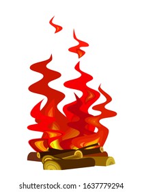 tongues of red flame on firewood, campfire, symbol of scouts, tourism & home hearth, color vector illustration isolated on a white background in clip art and flat style