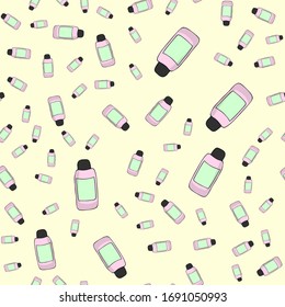 Tonic bottle seamless pattern with label, hand drawn doodle sketch for design.