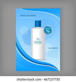 Tonic sea series bottle isolated. Discount banner. Cosmetic product flasks with logo or symbol on the nameplate. Reservoir with label. Part of series of decorative cosmetics items. Vector