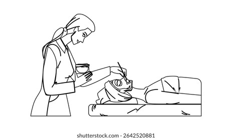 vetor de tratamento facial de tonificação. anti-envelhecimento hidratante, máscara de acne, pele de soro tonificação personagem de tratamento facial. pessoas linha preta desenho ilustração