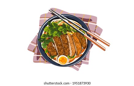 Tonkatsu Noodles. Noodles with fried chicken and egg. A bowl of Japanese ramen and chopsticks. Realistic vector illustration on white background. 