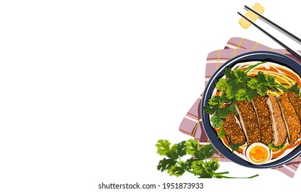 Tonkatsu Noodles. Noodles with fried chicken and egg. A bowl of Japanese ramen on plate mat and chopsticks. Realistic vector illustration on white background. 