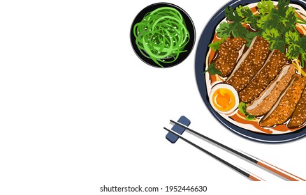 Tonkatsu Noodles. Noodles with fried chicken and egg. A bowl of Japanese ramen and chopsticks on white background. Realistic vector illustration. 