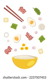 Tonkotsu asian ramen soup ingredients falling into a bowl of noodles. Perfect for tee, stickers, menu and stationery. Vector illustration for decor and design.


