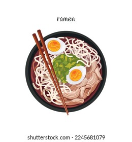 Tonkotsu ramen soup bowl with noodles, sliced chashu marinated braised pork, boiled eggs halves, spicy nori algae, chopsticks.