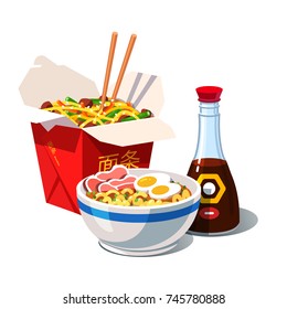 Tonkotsu ramen soup bowl with noodles, sliced chashu pork, eggs, chopsticks, carton takeaway box, soy sauce bottle. Traditional Chinese & Japanese dish set. Flat vector illustration isolated on white.