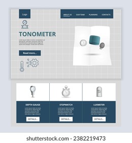 Plantilla del sitio web de la página de aterrizaje plana de Tonómetro. Medidor de profundidad, cronómetro, lujómetro. Banner web con encabezado, contenido y pie de página. Ilustración vectorial.