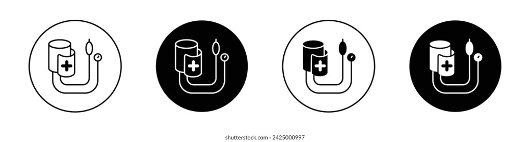 Juego de iconos del tonómetro. Símbolo del vector de hipertensión arterial por presión en un estilo relleno negro y perfilado. Signo de comprobación de estado.