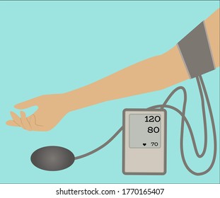 Ein Tonometer auf einer Hand. Tonometer misst den Druck auf die Hand des Patienten. Vektorgrafik.