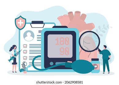 Tonometer zeigt bei Patienten einen erhöhten Druck. Kardiologe untersucht Herz mit Lupe. Die Krankenschwester hält die Spritze mit der Medizin. Bluthochdruck und Herz-Kreislauf-Erkrankungen. Flache Vektorgrafik