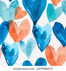 Tons of Hearts all kinds of shapes and sizes: Colorful and Beautiful  Watercolor Seamless Pattern Wallpaper Curtain Bedding Upholstery White Background Vector
