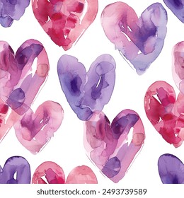 Tons of Hearts all kinds of shapes and sizes: Colorful Watercolor Seamless Pattern Wallpaper Curtain Bedding Upholstery Fabric White Background Vector