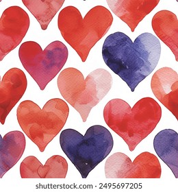 Tons of Hearts all kinds of shapes and sizes: Colorful Watercolor Seamless Pattern Wallpaper Curtain Bedding Upholstery Fabric White Background Vector