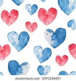 Tons of Red Blue Hearts all kinds of shapes and sizes: Colorful Watercolor Seamless Pattern Wallpaper Curtain Bedding Upholstery Fabric White Background Gift Wrapping Paper Vector