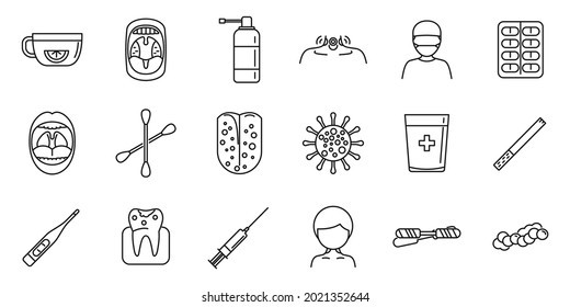 Tonsillitis icons set outline vector. Tonsil anatomy. Mouth throat