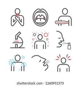 Tonsillitis. Symptoms, Treatment. Line icons set. Vector signs for web graphics.